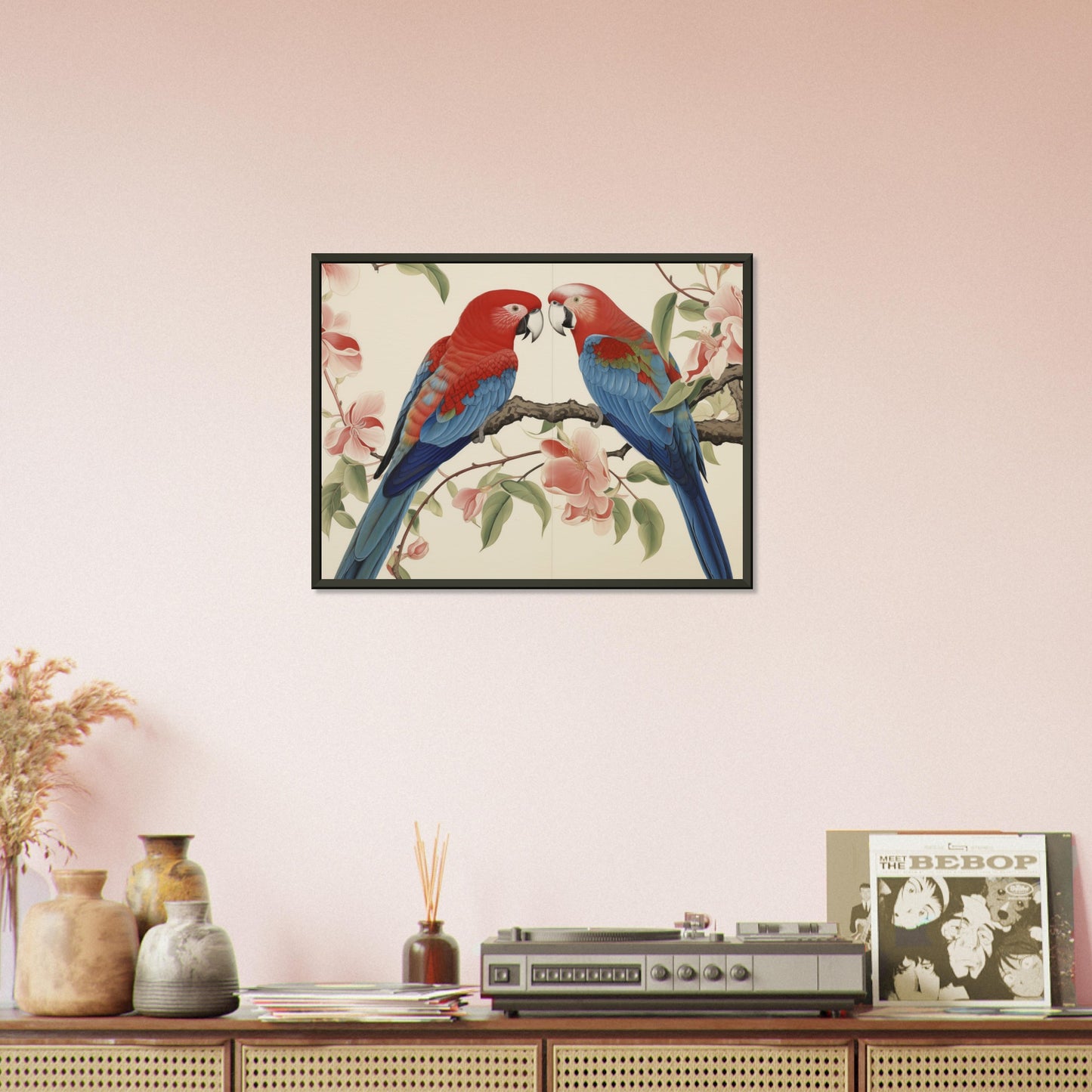 Tropical Duet - Bloom and Plumage - Nature Art-print-in-aluminum-frame