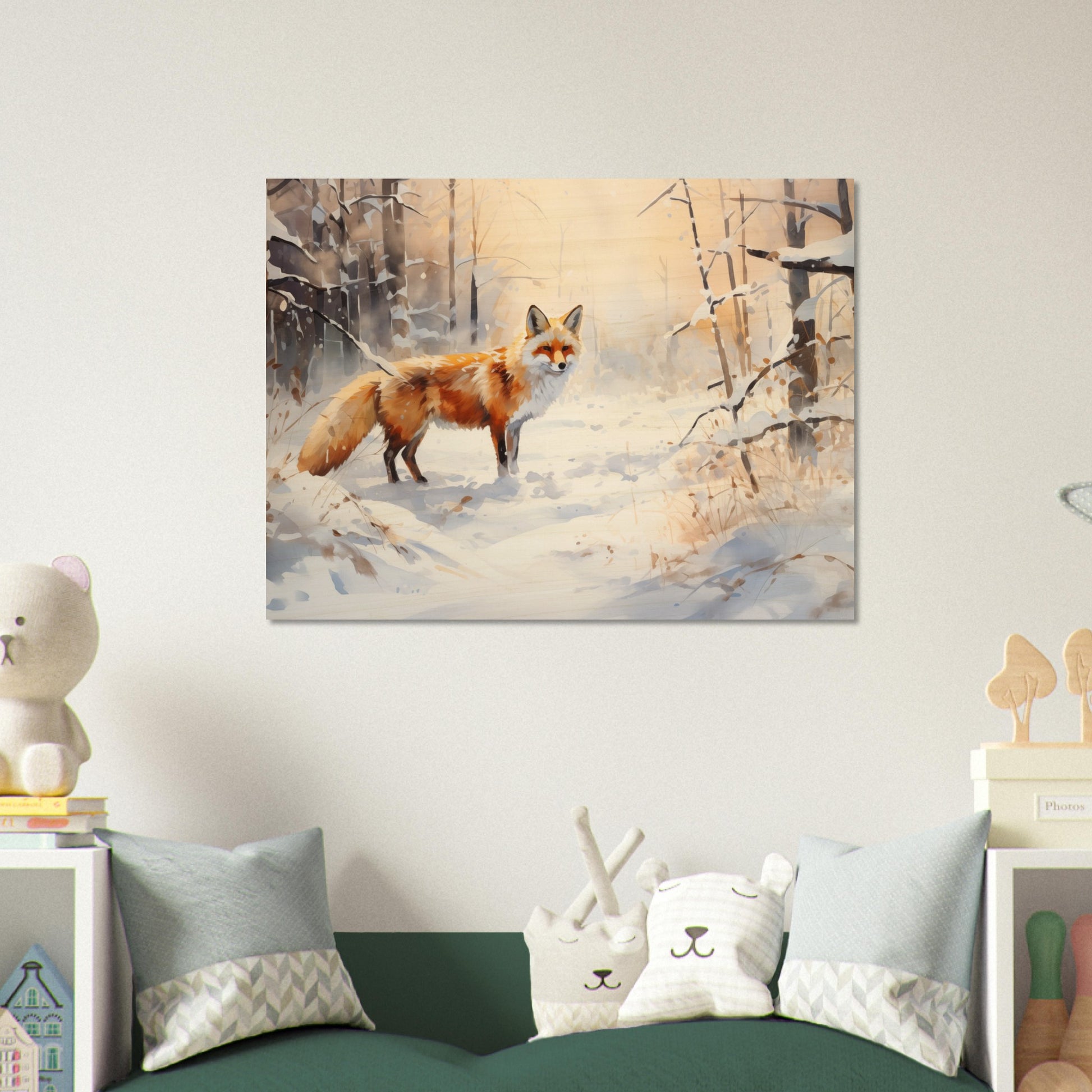 Crimson Sentry - Winter’s Vibrant Whisper - Nature Art-print-on-wood