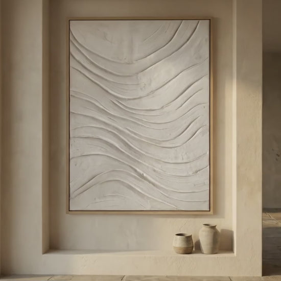 Alabaster Rhythm No. 2: Large-scale monochromatic white textured art print featuring organic wave patterns of hand-troweled lime plaster on a sun-bleached alabaster background, displayed in a natural oak frame.