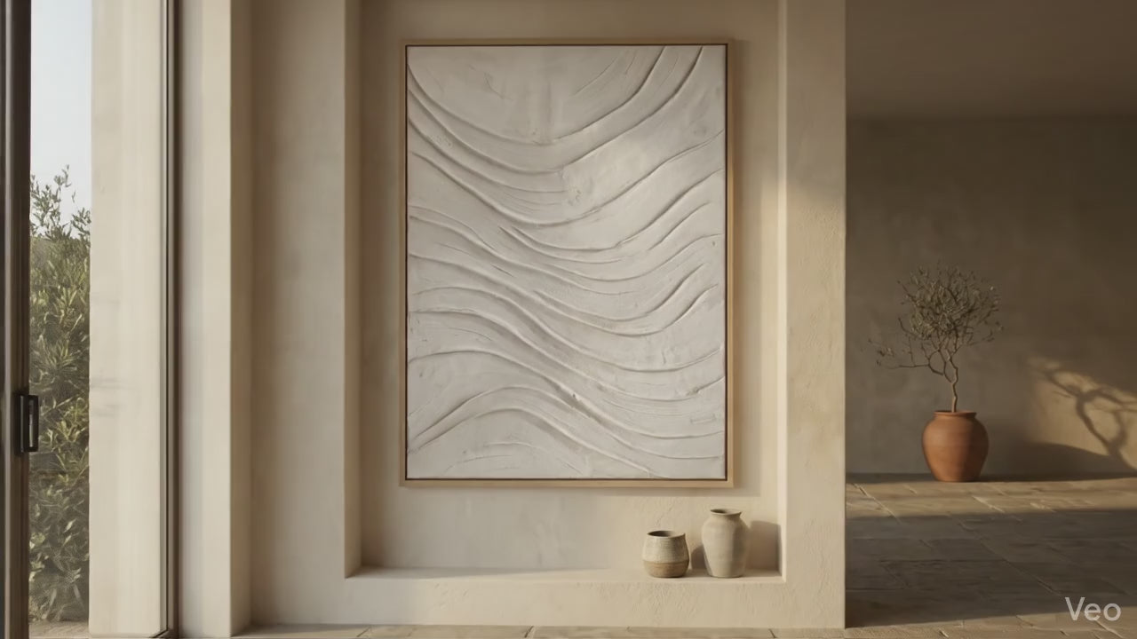 Alabaster Rhythm No. 2: Large-scale monochromatic white textured art print featuring organic wave patterns of hand-troweled lime plaster on a sun-bleached alabaster background, displayed in a natural oak frame.