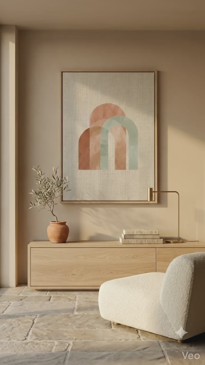 Earth Arch No. 1: A minimalist fine art diptych featuring abstract geometric arches in muted terracotta and sun-baked sage green. The artwork is printed on museum-grade 308gsm Hahnemühle cotton paper, showcased in a premium natural oak frame against a warm, hand-plastered Mediterranean wall with soft, dappled shadows.