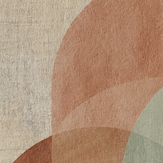 Earth Arch No. 1: A minimalist fine art diptych featuring abstract geometric arches in muted terracotta and sun-baked sage green. The artwork is printed on museum-grade 308gsm Hahnemühle cotton paper, showcased in a premium natural oak frame against a warm, hand-plastered Mediterranean wall with soft, dappled shadows.