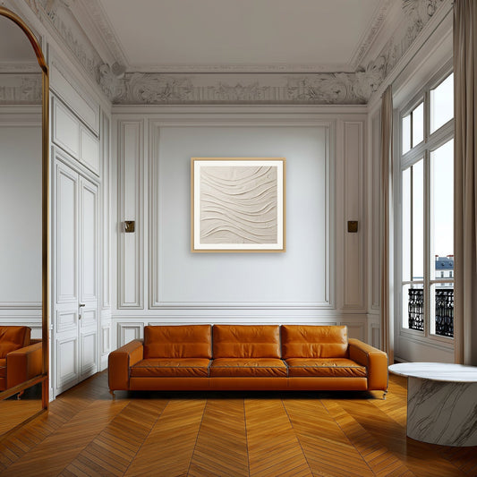 Alabaster Rhythm No. 2 — Large 50×50 cm in oak frame shown in a Parisian living room above a tan leather sofa