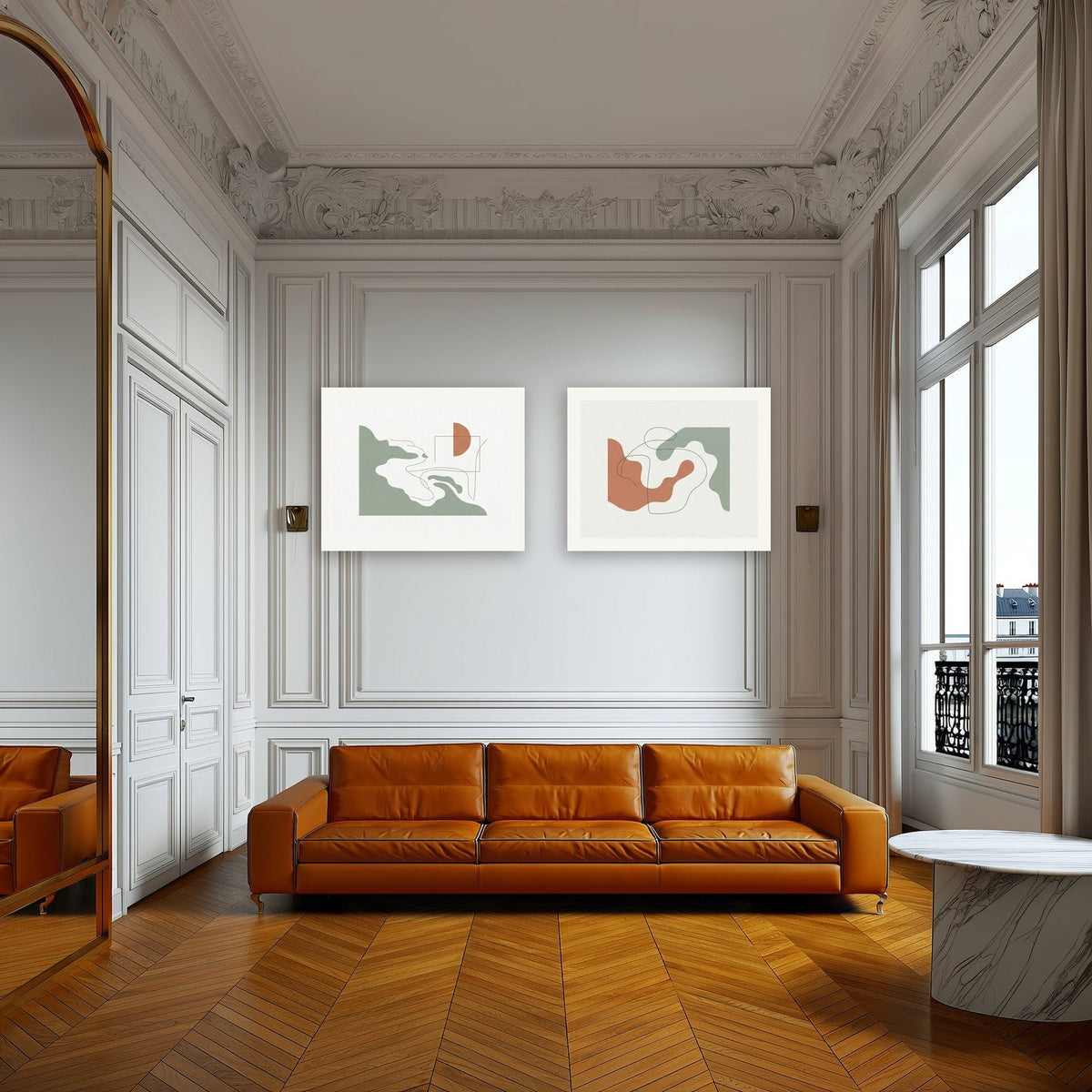 Coastal Silhouette Set of 2 — Large 50×40 cm print (pair) shown in a Parisian living room above a tan leather sofa