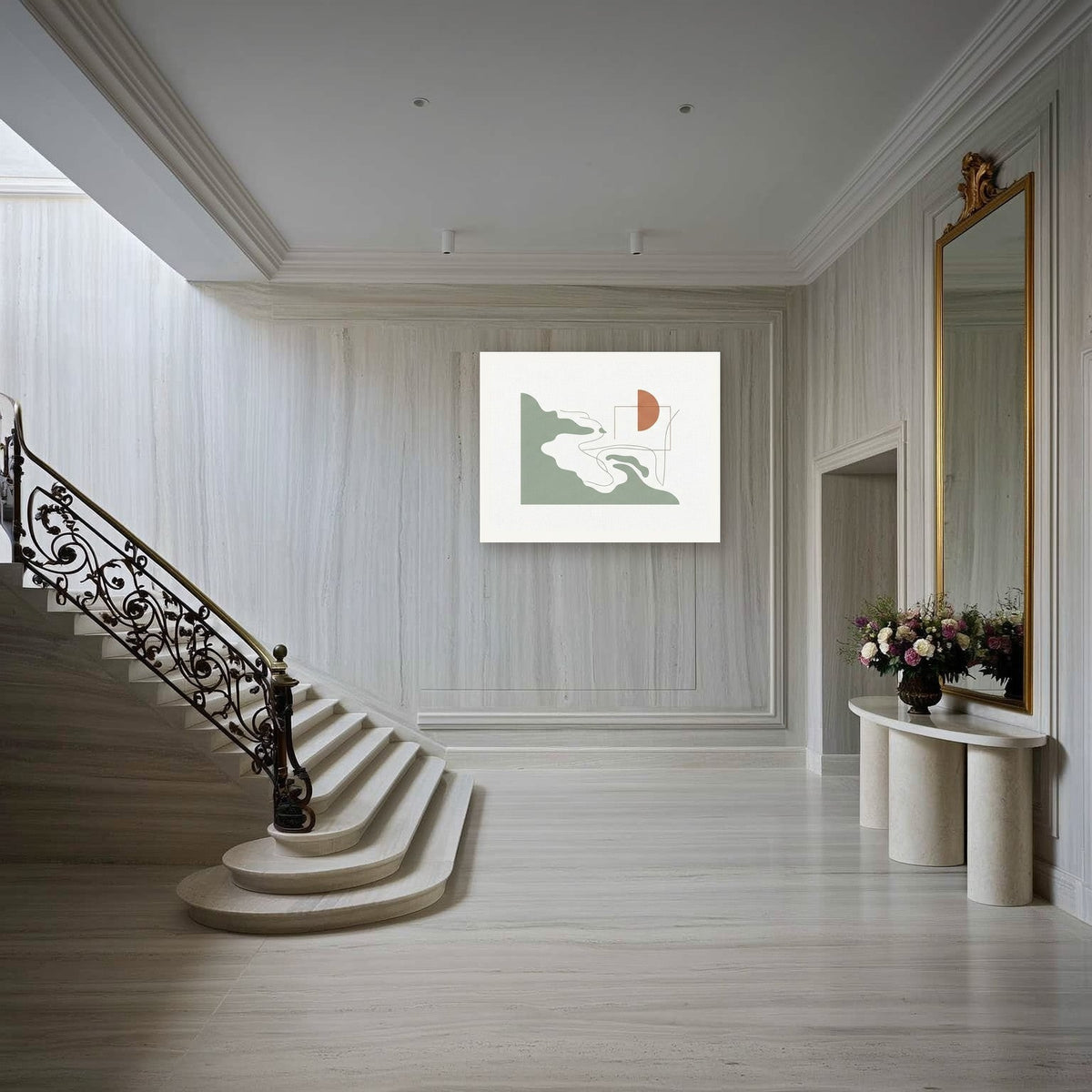 Coastal Silhouette No. 1 — Statement 80×60 cm print shown in a marble staircase hall