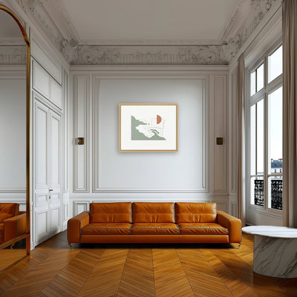 Coastal Silhouette No. 1 — Large 50×40 cm in oak frame shown in a Parisian living room above a tan leather sofa