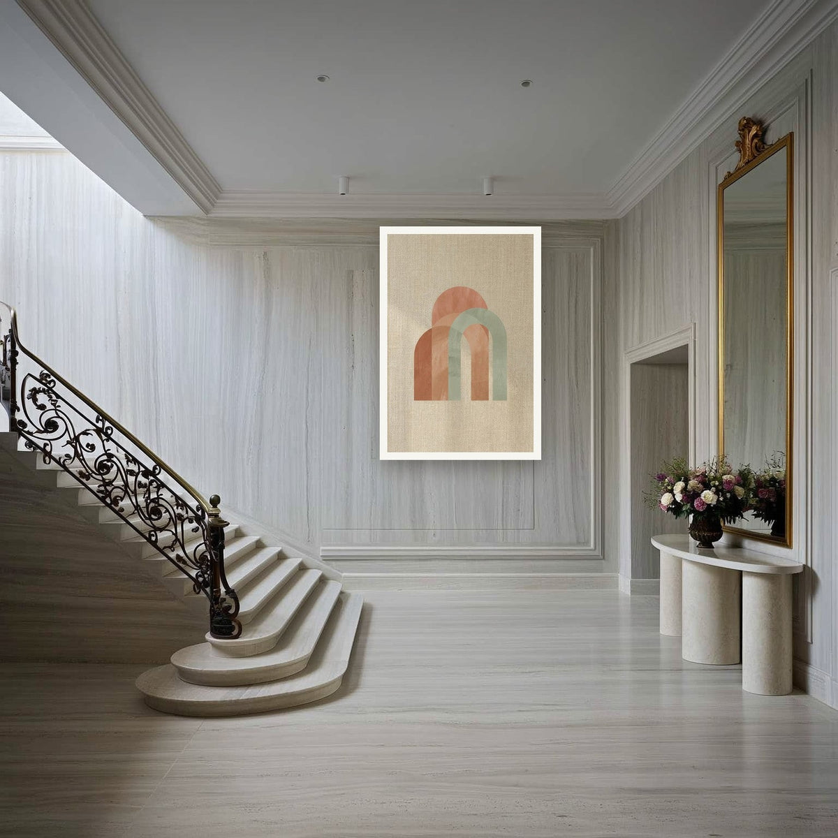 Earth Arch No. 1 — Statement 70×100 cm print shown in a marble staircase hall