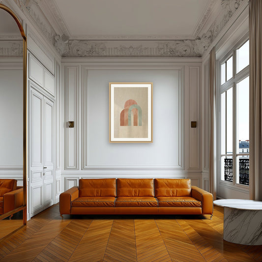 Earth Arch No. 1 — Large 40×60 cm in oak frame shown in a Parisian living room above a tan leather sofa