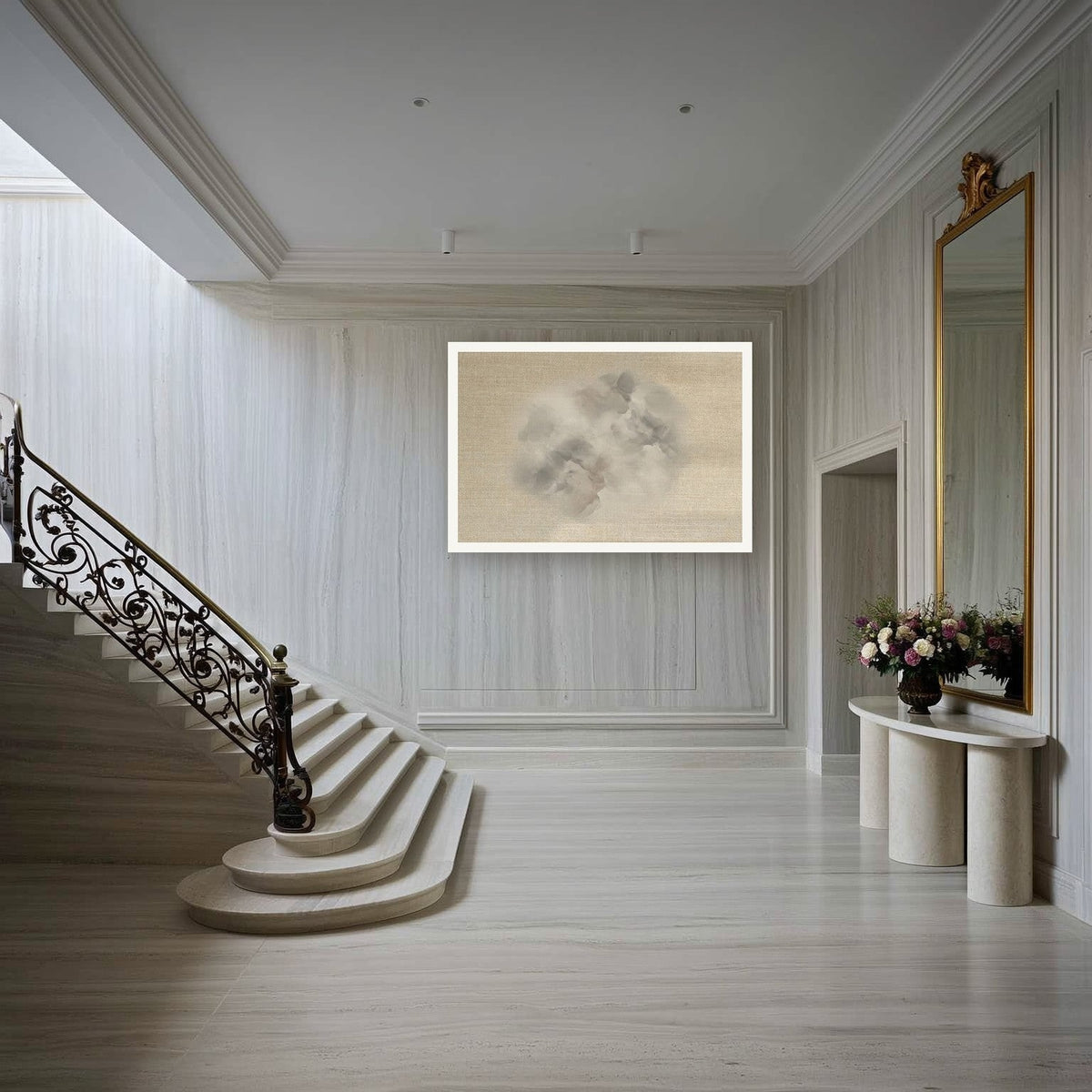 Vapor Abstract No. 1 — Statement 100×70 cm print shown in a marble staircase hall