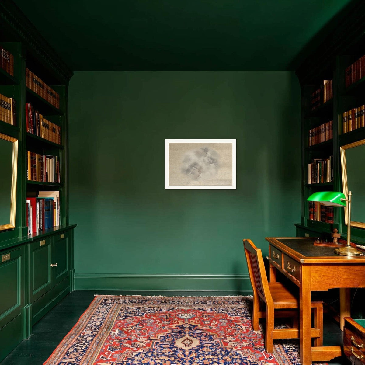 Vapor Abstract No. 1 — Large 60×40 cm print shown in a green library study