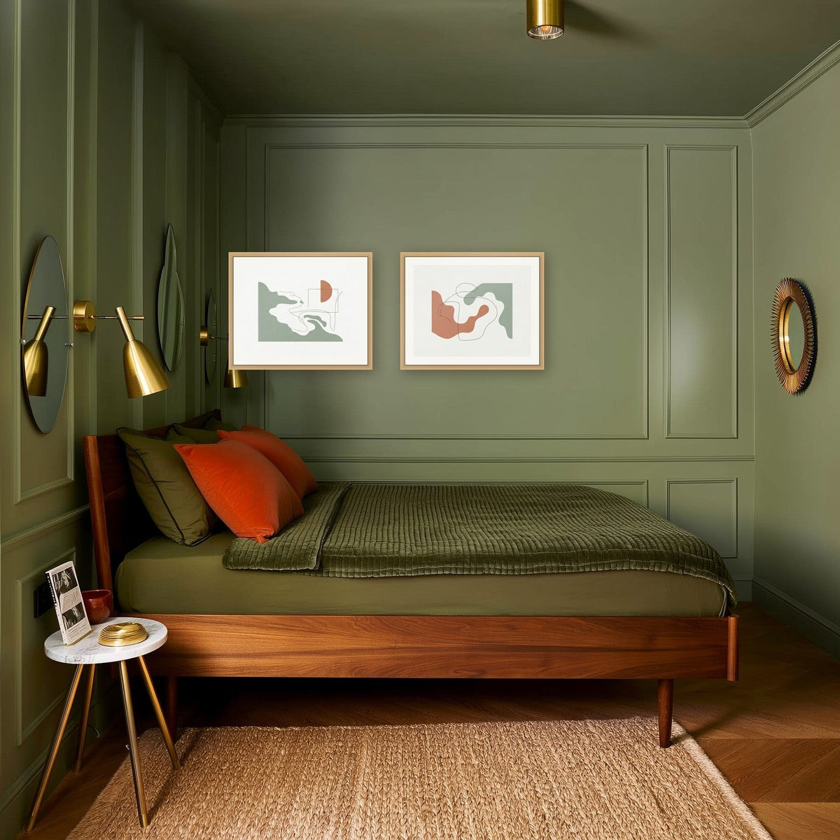 Coastal Silhouette Set of 2 — oak-framed pair above the bed in a sage green panelled bedroom