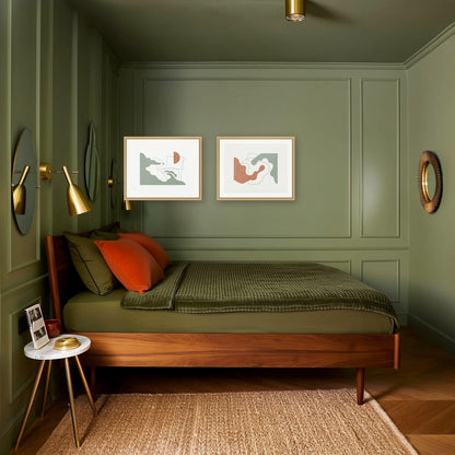 Coastal Silhouette Set of 2 — oak-framed pair above the bed in a sage green panelled bedroom