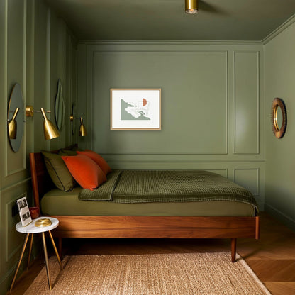 Coastal Silhouette No. 1 — Large 50×40 cm in oak frame above the bed in a sage green panelled bedroom