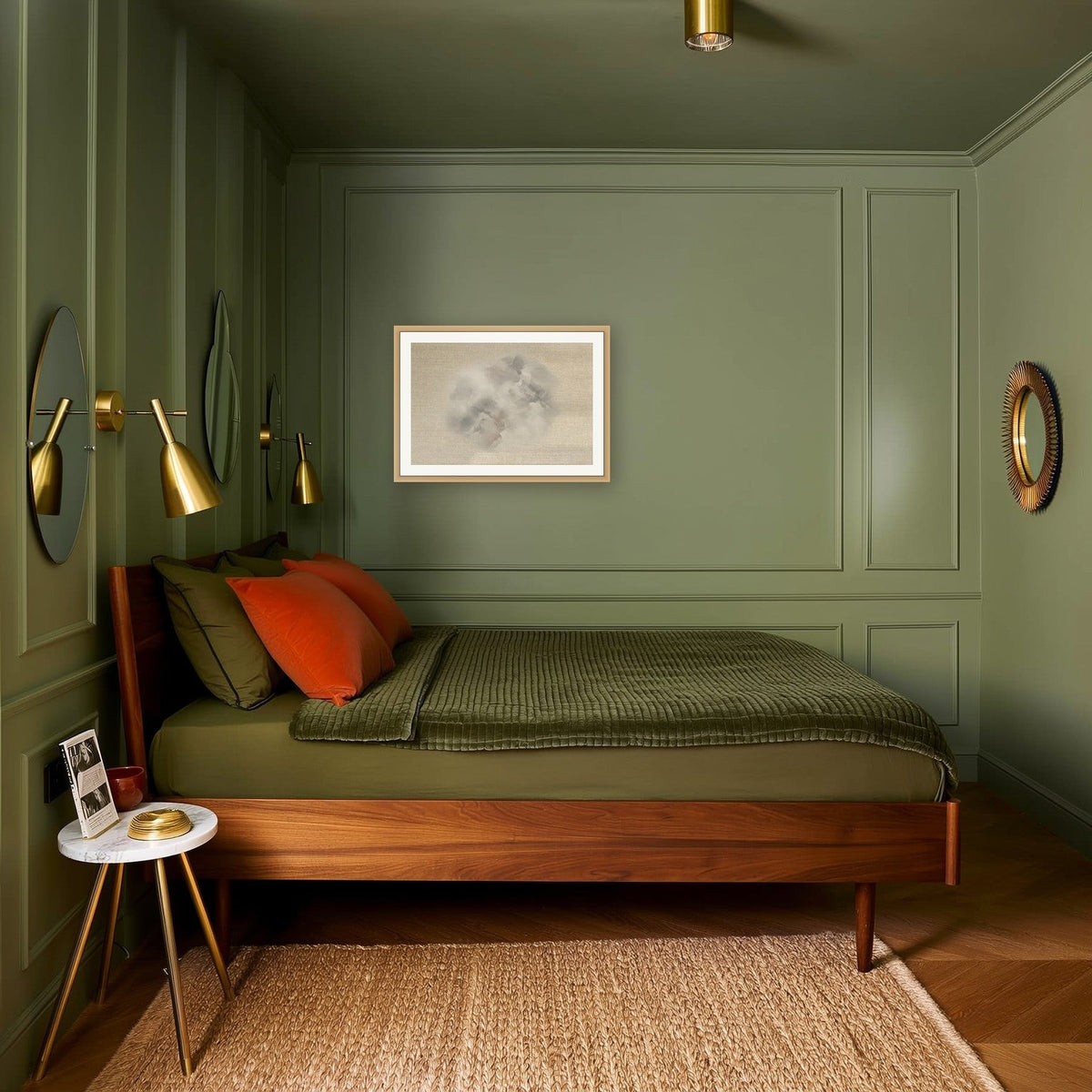 Vapor Abstract No. 1 — Large 60×40 cm in oak frame above the bed in a sage green panelled bedroom