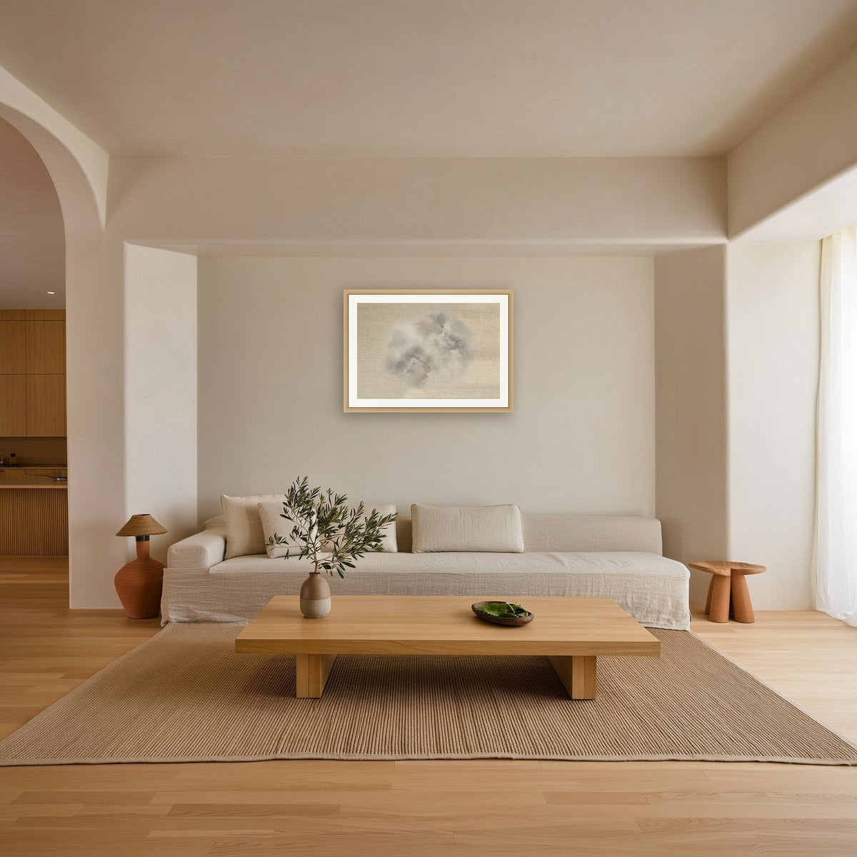 Vapor Abstract No. 1 — Large print in a solid oak frame above a linen sofa
